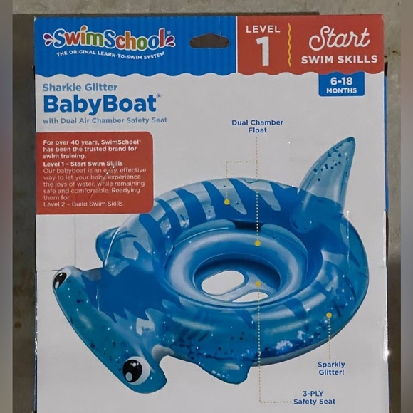 Swim School Sharkie Glitter Level 1 Baby Boat Inflatable Pool Float 6-18 mth NIB - Picture 2 of 2